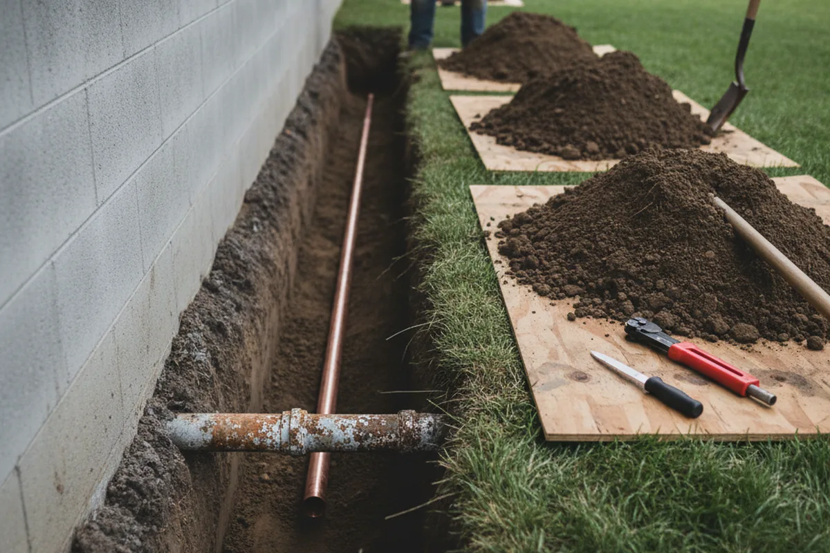 Excavated water line trench during Water Heater Repair in Beauty